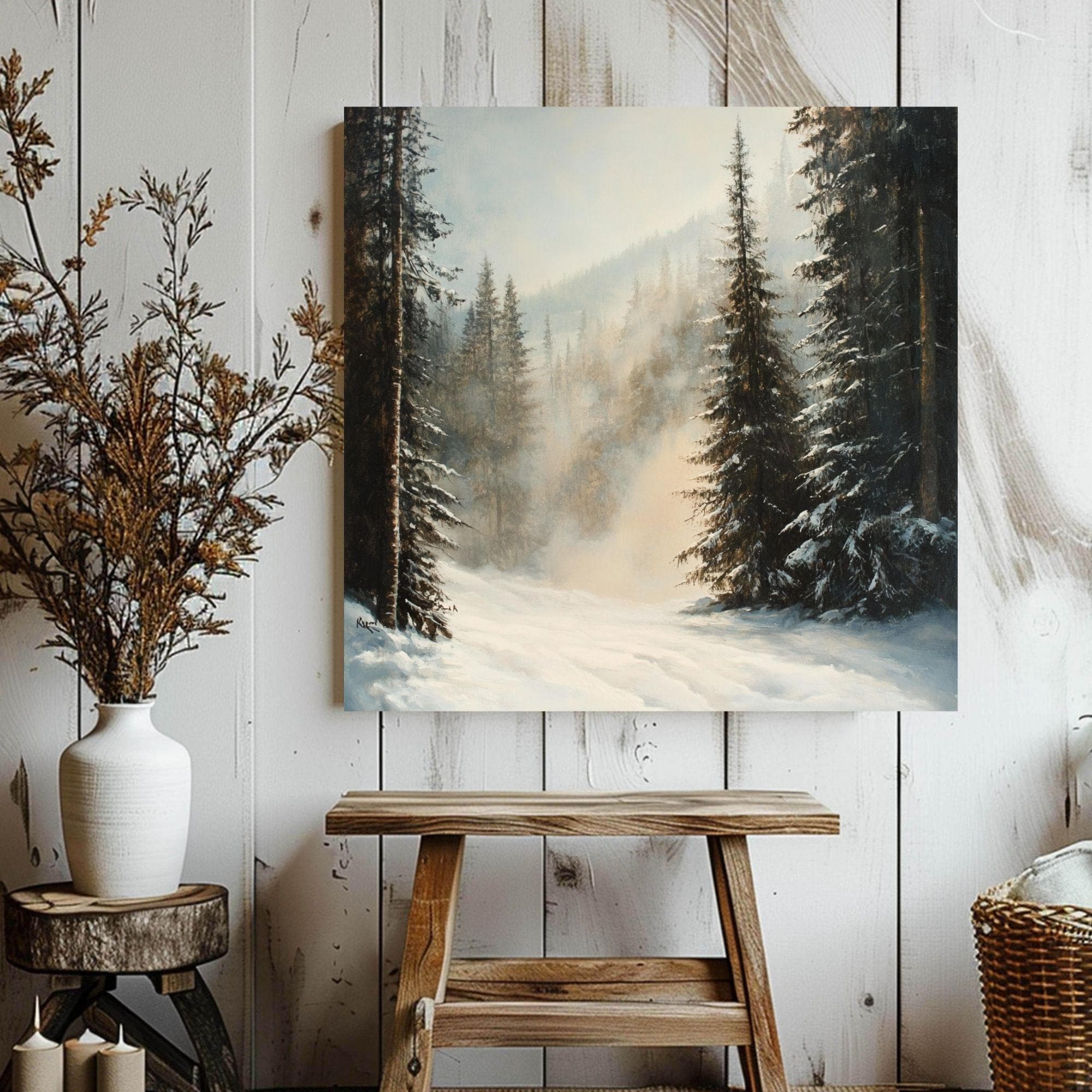 Evergreen Forest Winter Snow Scene Wall Art, Christmas Living Room Artwork, Snowy Pine Trees Print