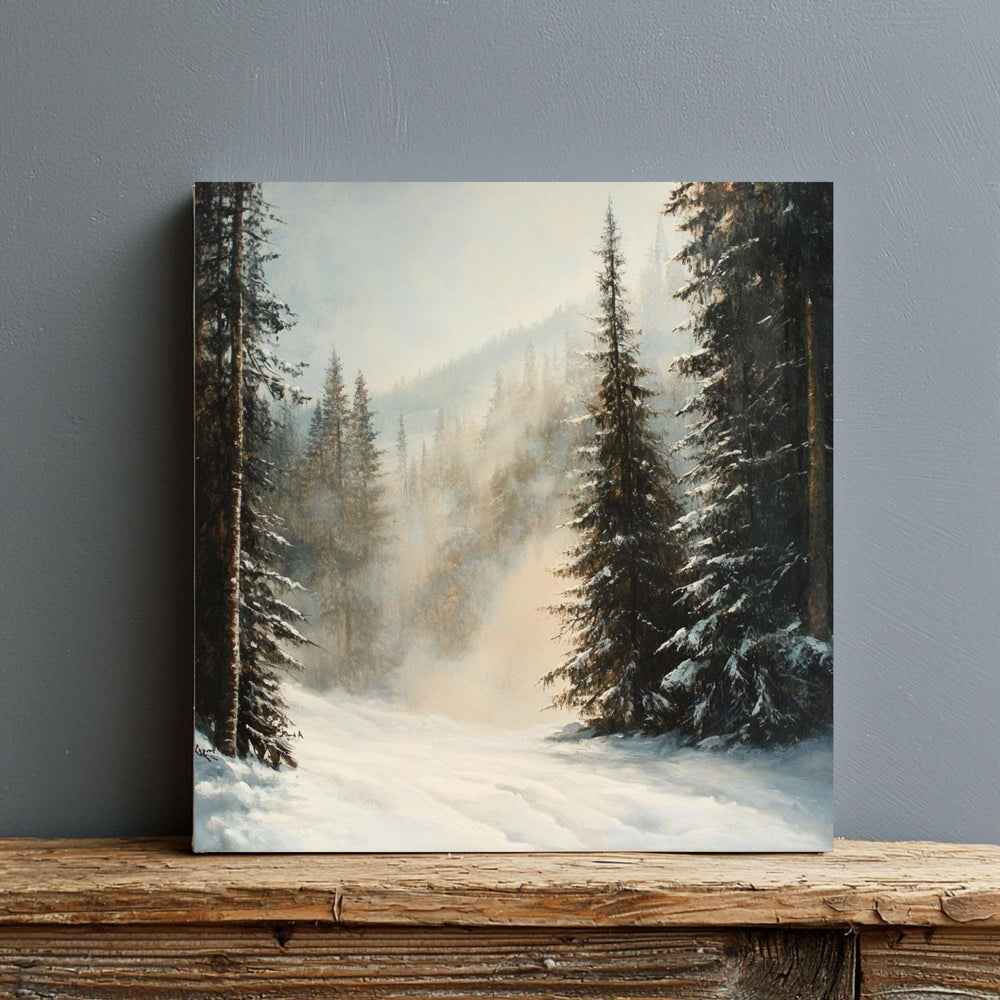 Evergreen Forest Winter Snow Scene Wall Art, Christmas Living Room Artwork, Snowy Pine Trees Print