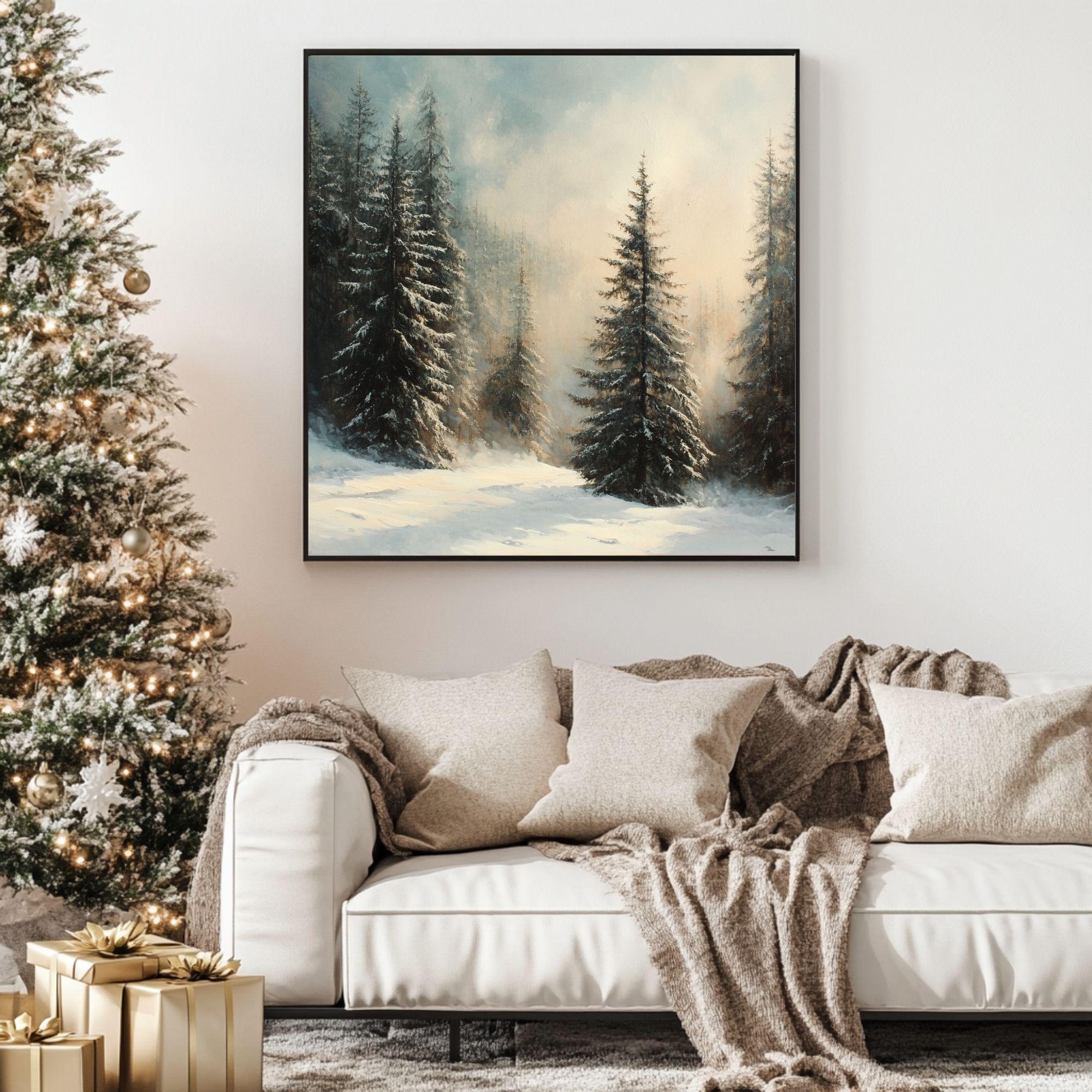 Snowy Forest Canvas Wall Art, Rustic Winter Landscape Print, Woodland Pine Tree Artwork, Cozy Cabin Christmas Decor, Seasonal Wall Hanging