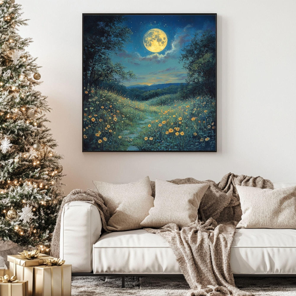 Moon Above Wildflowers Canvas Wall Art, Boho Wall Decor, Mystical Night Landscape Print, Nature-Inspired Home Decor