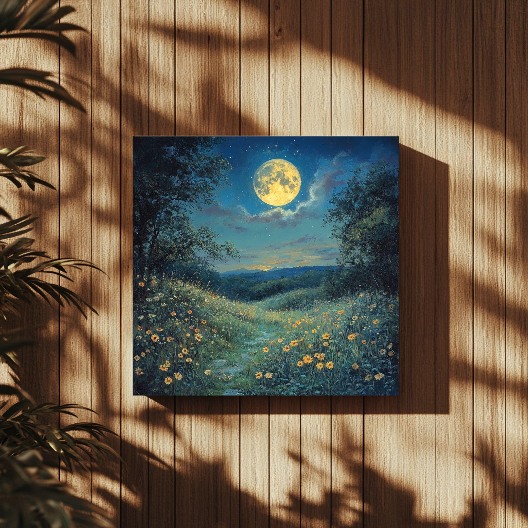 Moon Above Wildflowers Canvas Wall Art, Boho Wall Decor, Mystical Night Landscape Print, Nature-Inspired Home Decor