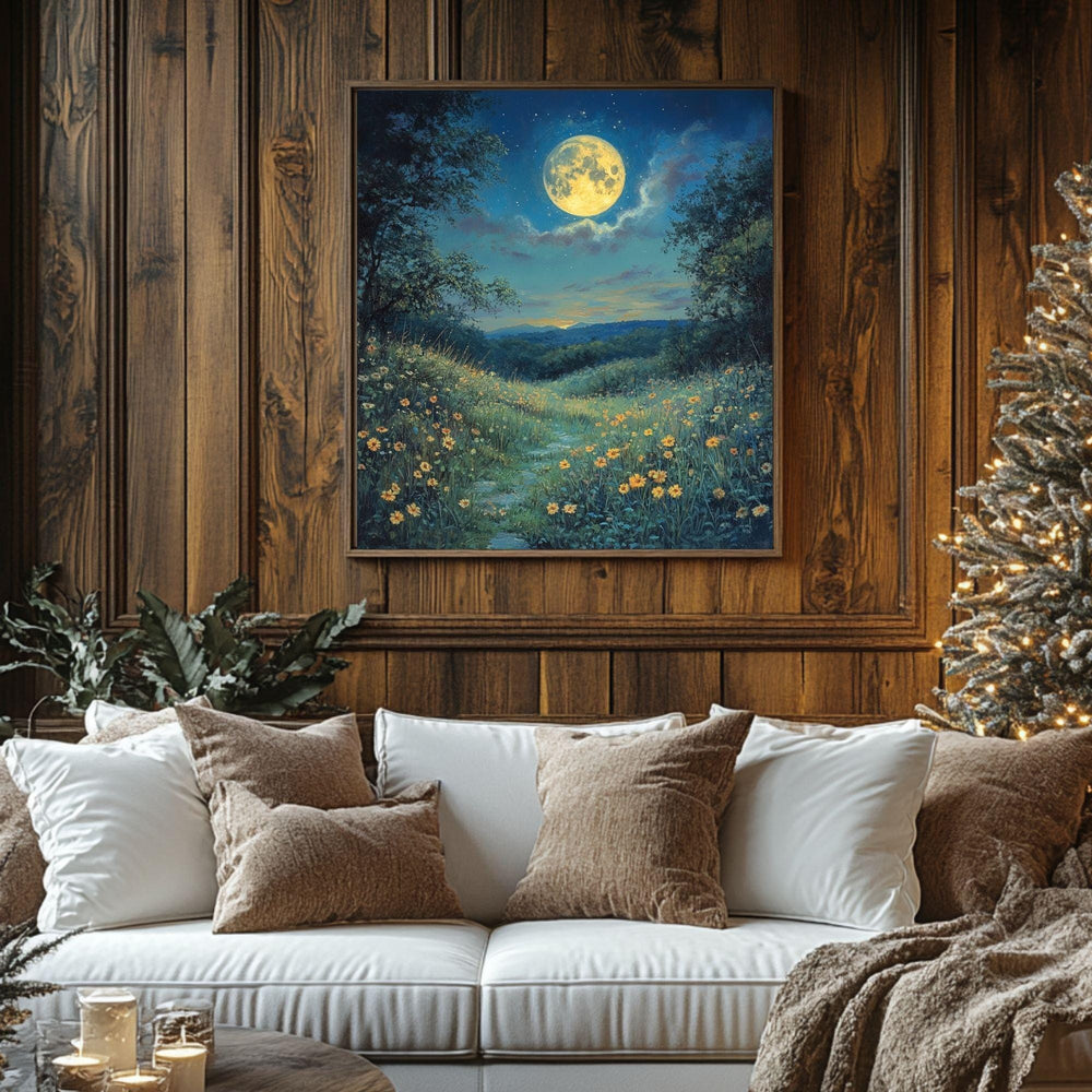 Moon Above Wildflowers Canvas Wall Art, Boho Wall Decor, Mystical Night Landscape Print, Nature-Inspired Home Decor