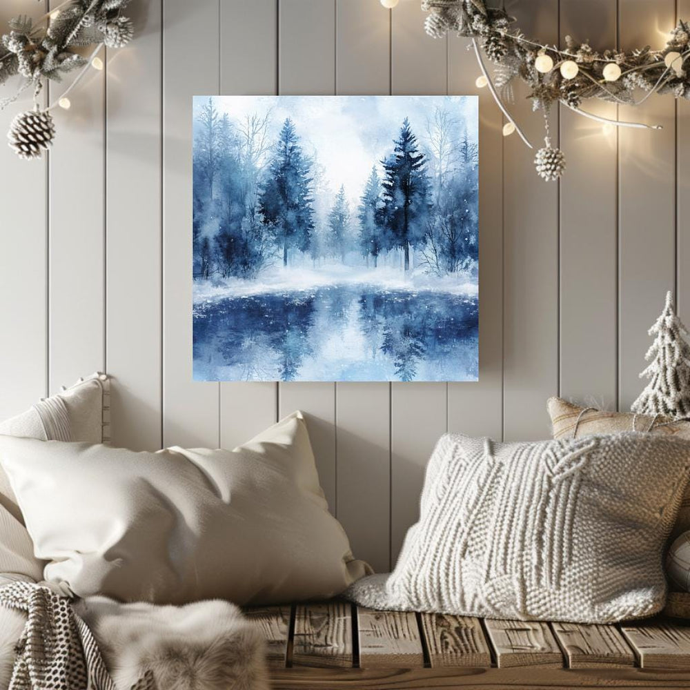 Winter Forest Wall Art, Black Framed Wall Art for Living Room, Blue Forest Wall Art, Nature Wall Art, Christmas Wall Art, Winter Poster