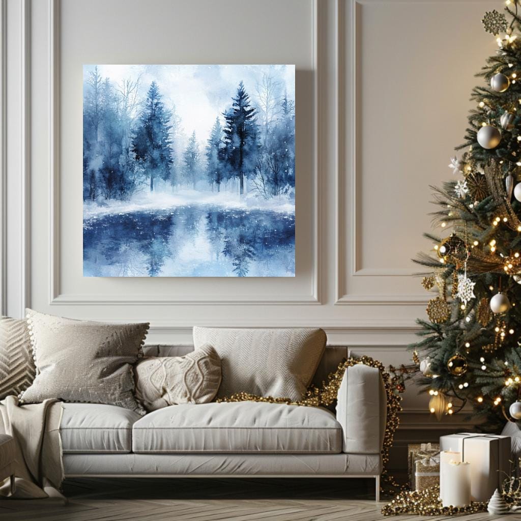 Winter Forest Wall Art, Black Framed Wall Art for Living Room, Blue Forest Wall Art, Nature Wall Art, Christmas Wall Art, Winter Poster