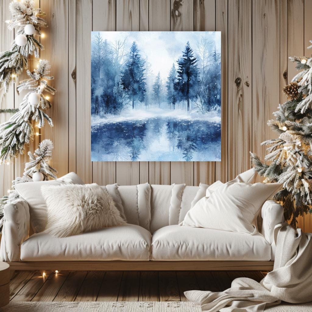Winter Forest Wall Art, Black Framed Wall Art for Living Room, Blue Forest Wall Art, Nature Wall Art, Christmas Wall Art, Winter Poster