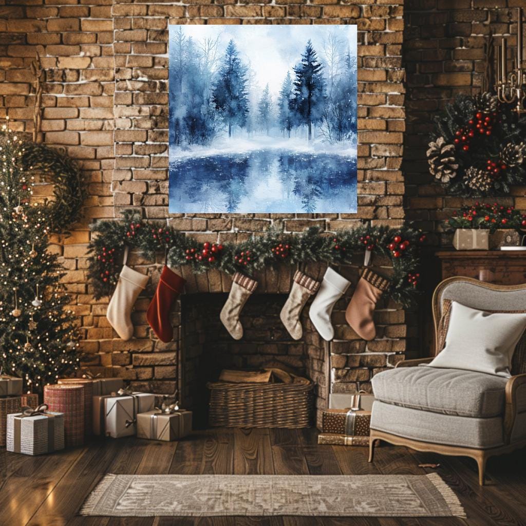 Winter Forest Wall Art, Black Framed Wall Art for Living Room, Blue Forest Wall Art, Nature Wall Art, Christmas Wall Art, Winter Poster
