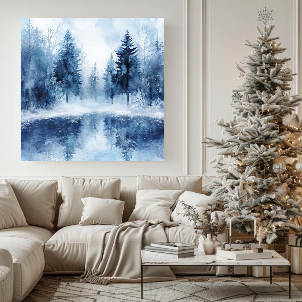 Winter Forest Wall Art, Black Framed Wall Art for Living Room, Blue Forest Wall Art, Nature Wall Art, Christmas Wall Art, Winter Poster