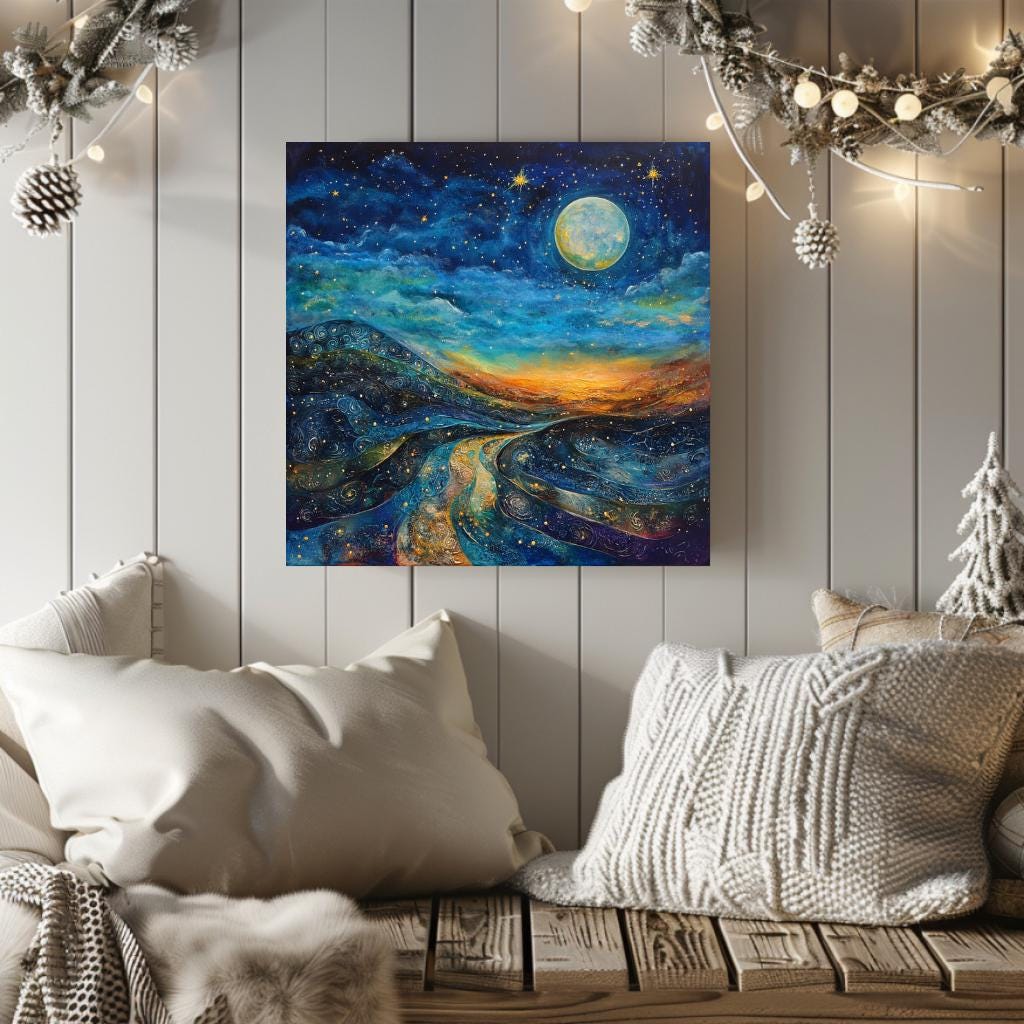 Starry Night Wall Art Canvas, Mystical Wall Art Decor, Large Wall Art, Wall Hanging Black Framed Wall Art, Christmas Canvas, Winter Wall Art