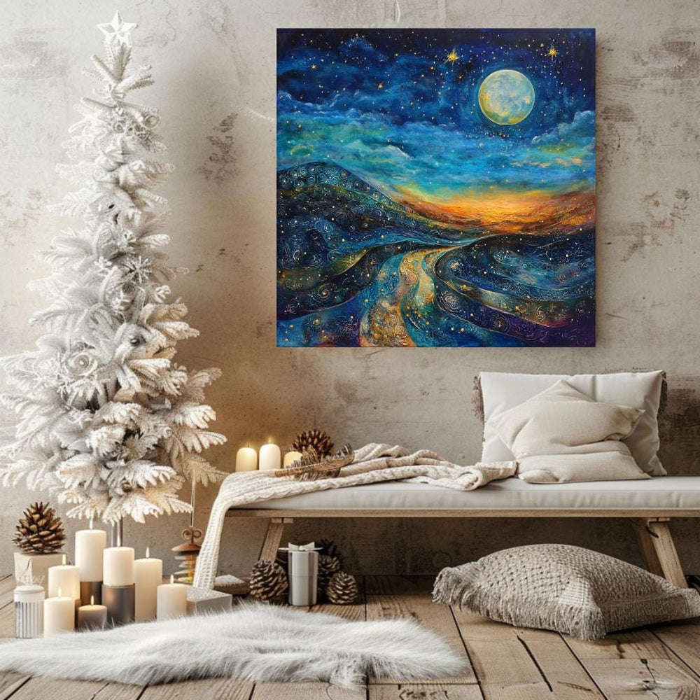 Starry Night Wall Art Canvas, Mystical Wall Art Decor, Large Wall Art, Wall Hanging Black Framed Wall Art, Christmas Canvas, Winter Wall Art