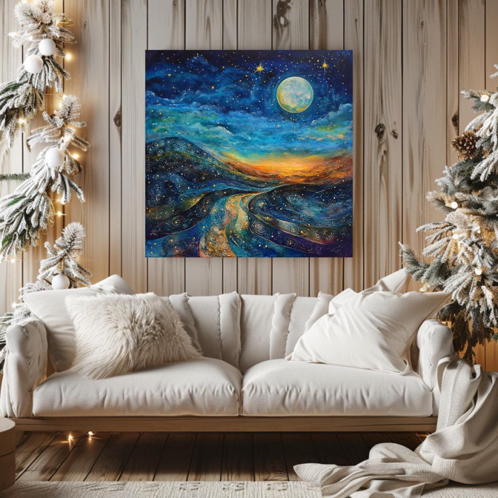 Starry Night Wall Art Canvas, Mystical Wall Art Decor, Large Wall Art, Wall Hanging Black Framed Wall Art, Christmas Canvas, Winter Wall Art