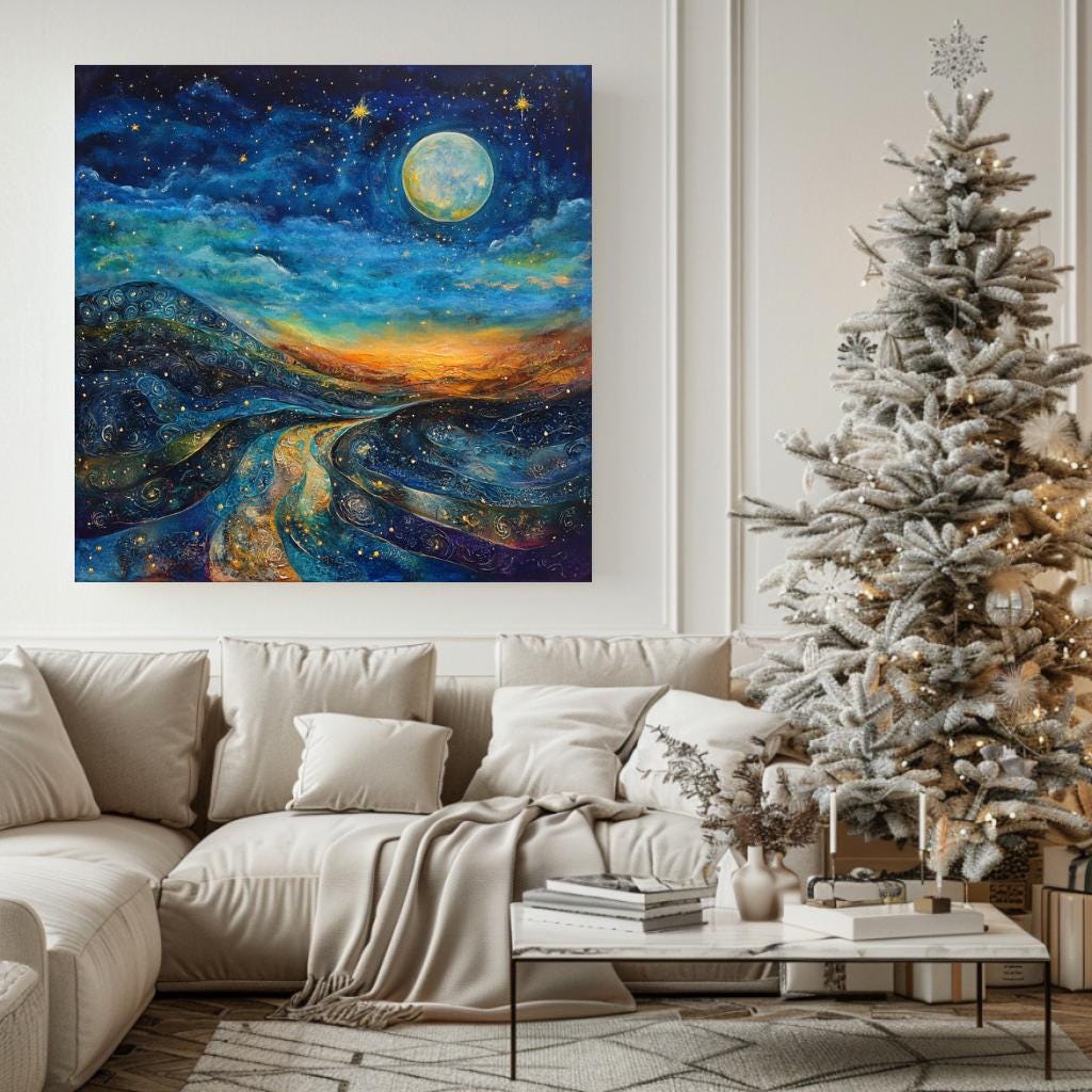 Starry Night Wall Art Canvas, Mystical Wall Art Decor, Large Wall Art, Wall Hanging Black Framed Wall Art, Christmas Canvas, Winter Wall Art
