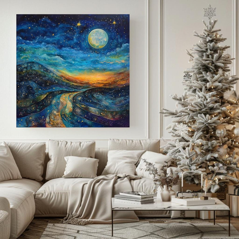 Starry Night Wall Art Canvas, Mystical Wall Art Decor, Large Wall Art, Wall Hanging Black Framed Wall Art, Christmas Canvas, Winter Wall Art