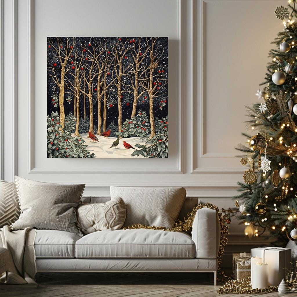 Morris Inspired Wall Art, Living Room Decor, Large Wall Art, Christmas Wall Art, Christmas Gift, Vintage Forest Wall Canvas, Above Bed Decor