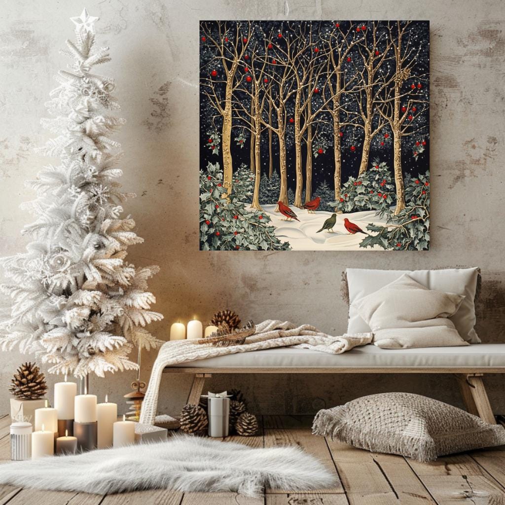 Morris Inspired Wall Art, Living Room Decor, Large Wall Art, Christmas Wall Art, Christmas Gift, Vintage Forest Wall Canvas, Above Bed Decor