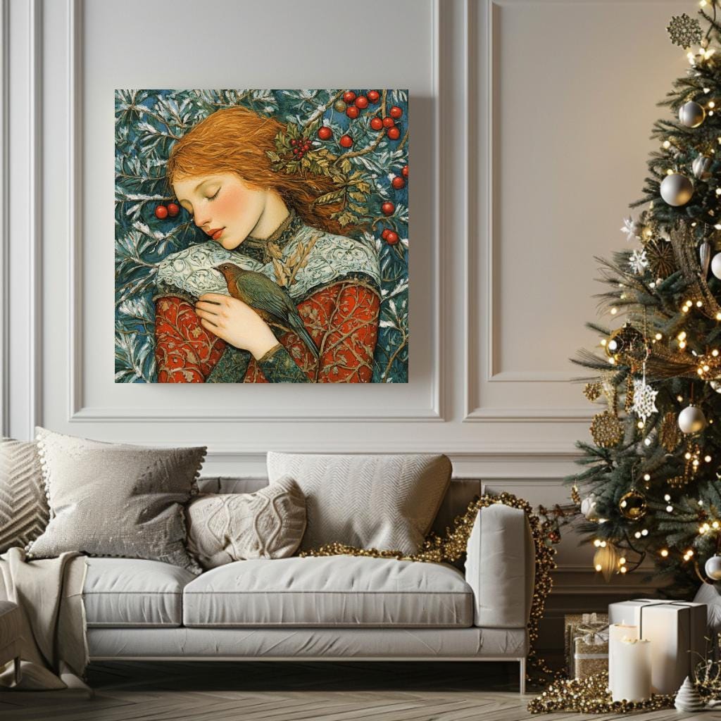 Woman William Morris Inspired Art, Vintage Christmas Wall Art, Ready to Hang Christmas Decor, Christmas Gift William Morris Christmas Art