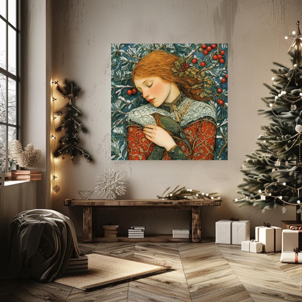 Woman William Morris Inspired Art, Vintage Christmas Wall Art, Ready to Hang Christmas Decor, Christmas Gift William Morris Christmas Art