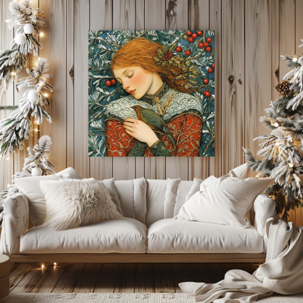 Woman William Morris Inspired Art, Vintage Christmas Wall Art, Ready to Hang Christmas Decor, Christmas Gift William Morris Christmas Art