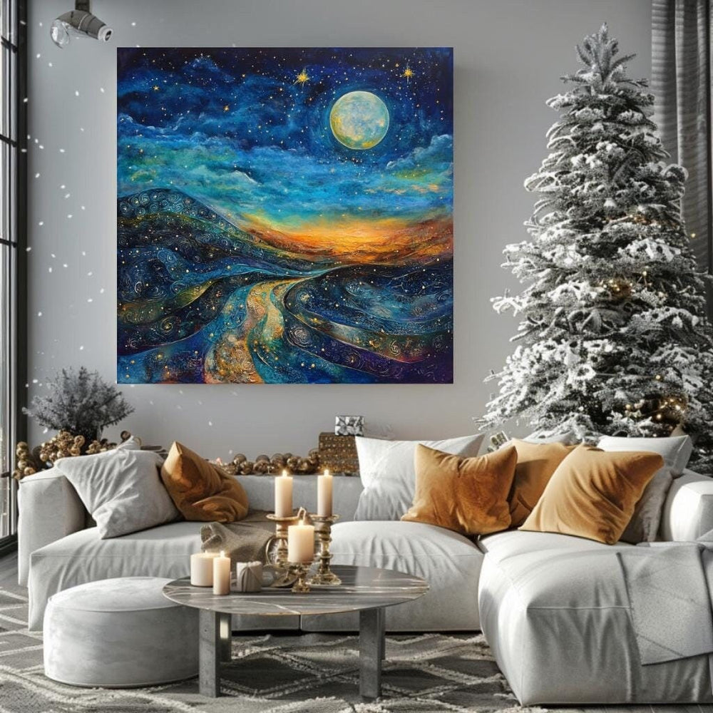 Starry Night Wall Art Canvas, Mystical Wall Art Decor, Large Wall Art, Wall Hanging Black Framed Wall Art, Christmas Canvas, Winter Wall Art