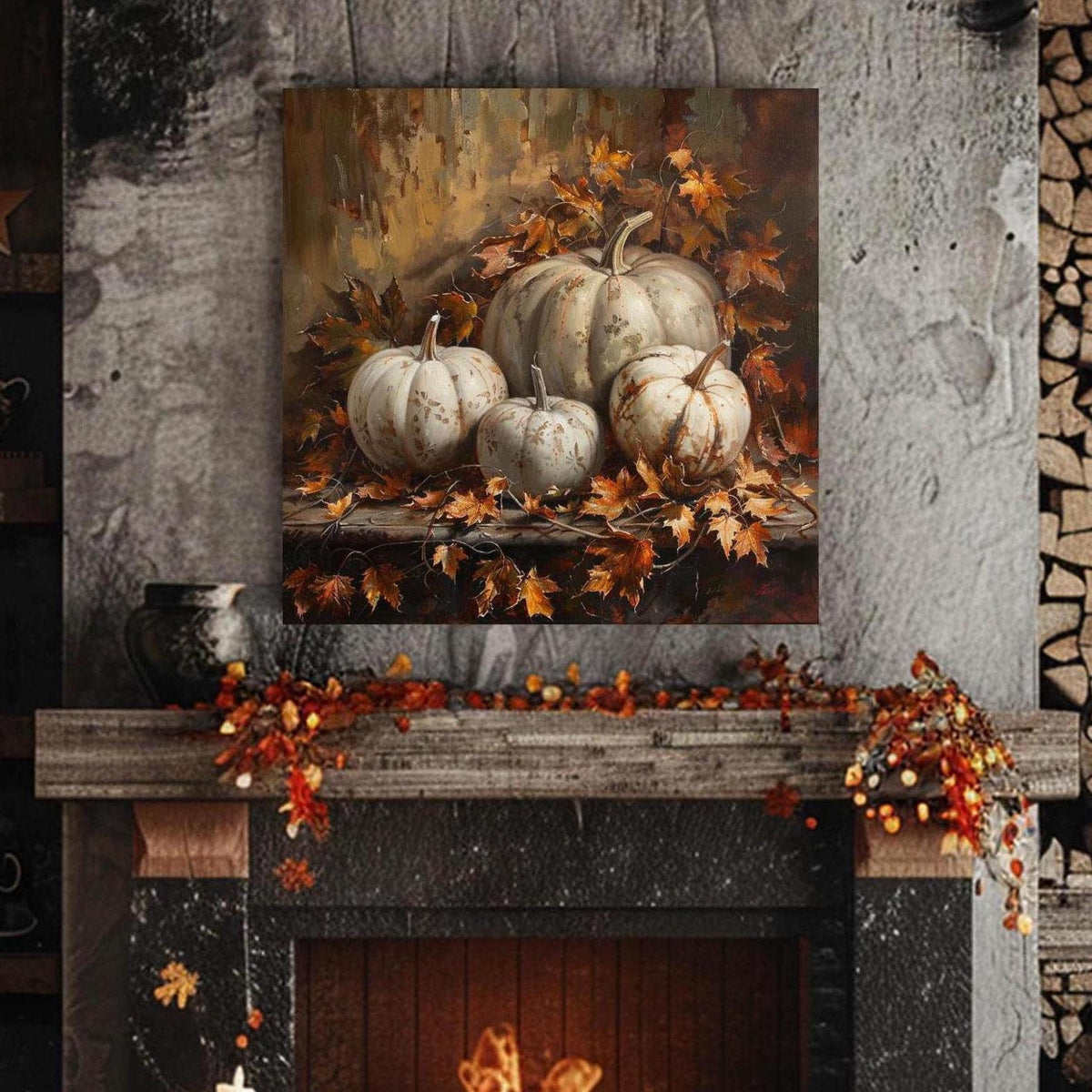 White Pumpkin and Autumn Leaves Still Life Canvas Wall Art, Fall Home Decor, Rustic Harvest Painting, Thanksgiving Decor for Gathering