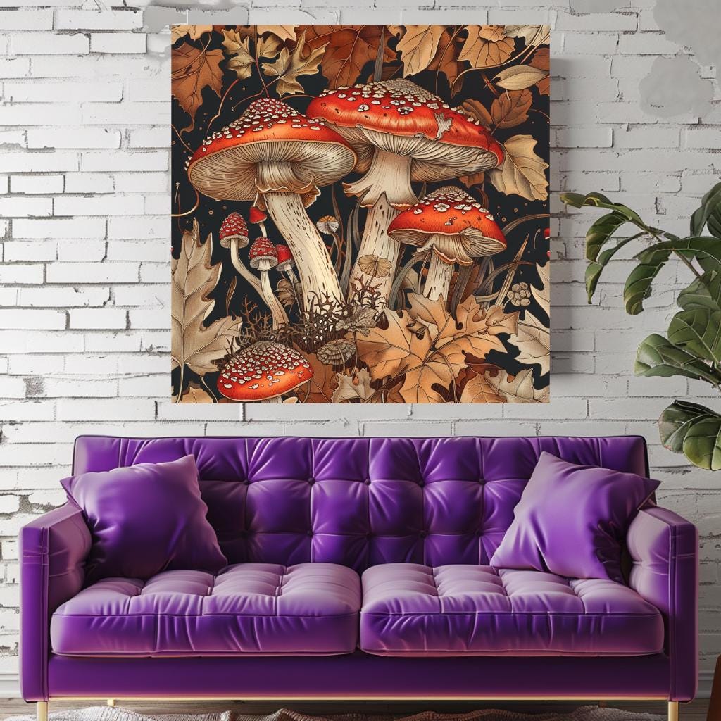 William Morris Inspired Mushrooms Canvas Vintage Mushroom Cottagecore Canvas Wall Art Botanical Mushroom Illustration Housewarming Present