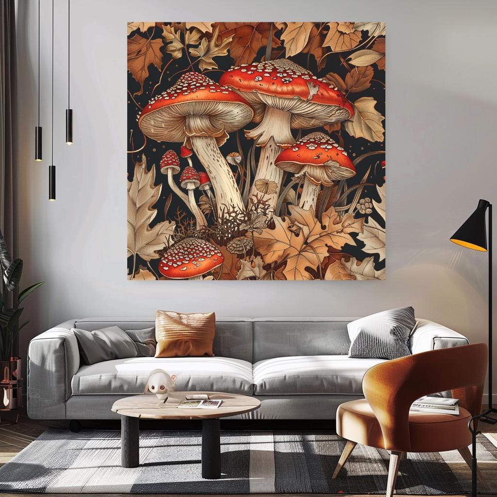 William Morris Inspired Mushrooms Canvas Vintage Mushroom Cottagecore Canvas Wall Art Botanical Mushroom Illustration Housewarming Present