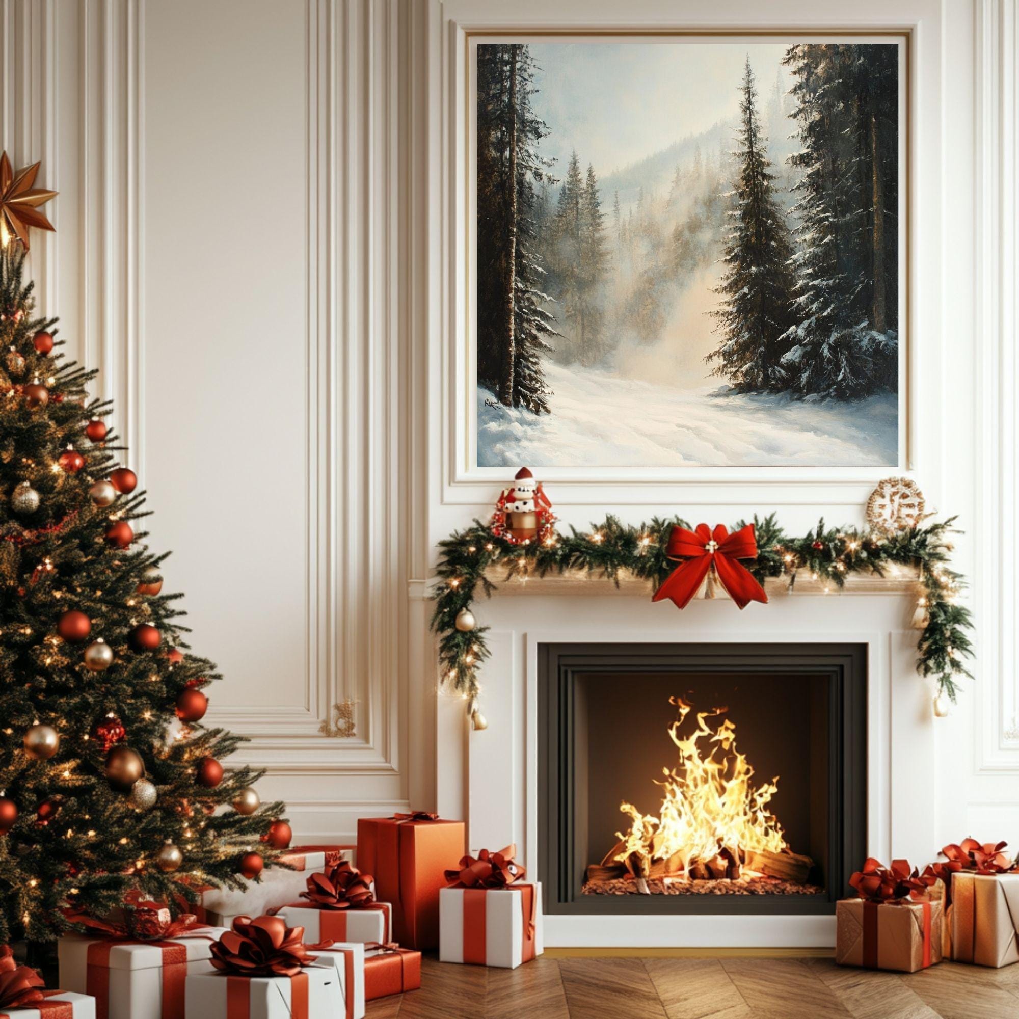 Evergreen Forest Winter Snow Scene Wall Art, Christmas Living Room Artwork, Snowy Pine Trees Print