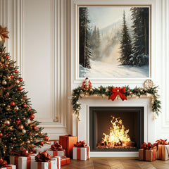 Evergreen Forest Winter Snow Scene Wall Art, Christmas Living Room Artwork, Snowy Pine Trees Print