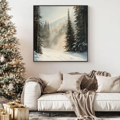 Evergreen Forest Winter Snow Scene Wall Art, Christmas Living Room Artwork, Snowy Pine Trees Print
