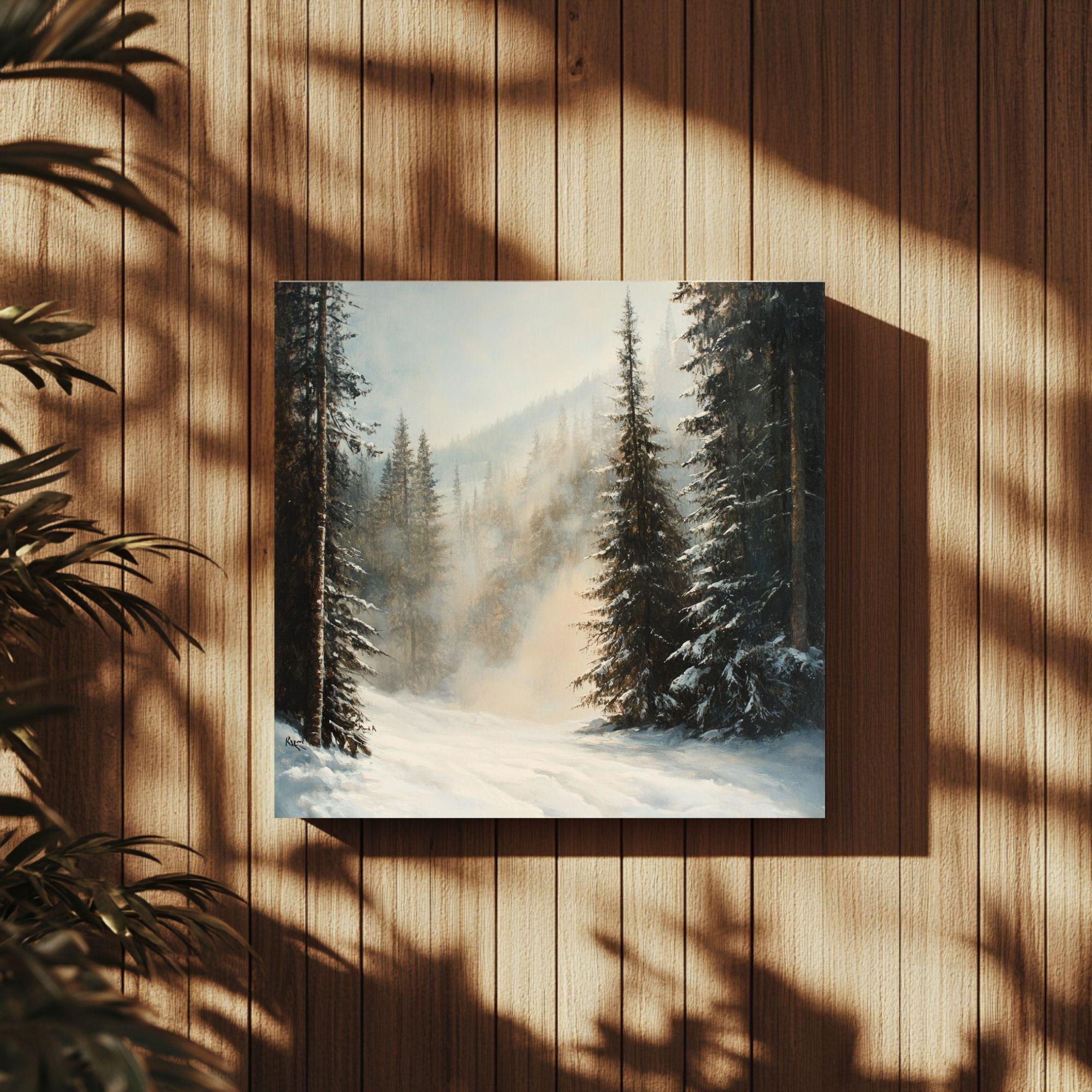 Evergreen Forest Winter Snow Scene Wall Art, Christmas Living Room Artwork, Snowy Pine Trees Print