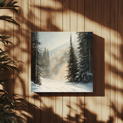 Evergreen Forest Winter Snow Scene Wall Art, Christmas Living Room Artwork, Snowy Pine Trees Print