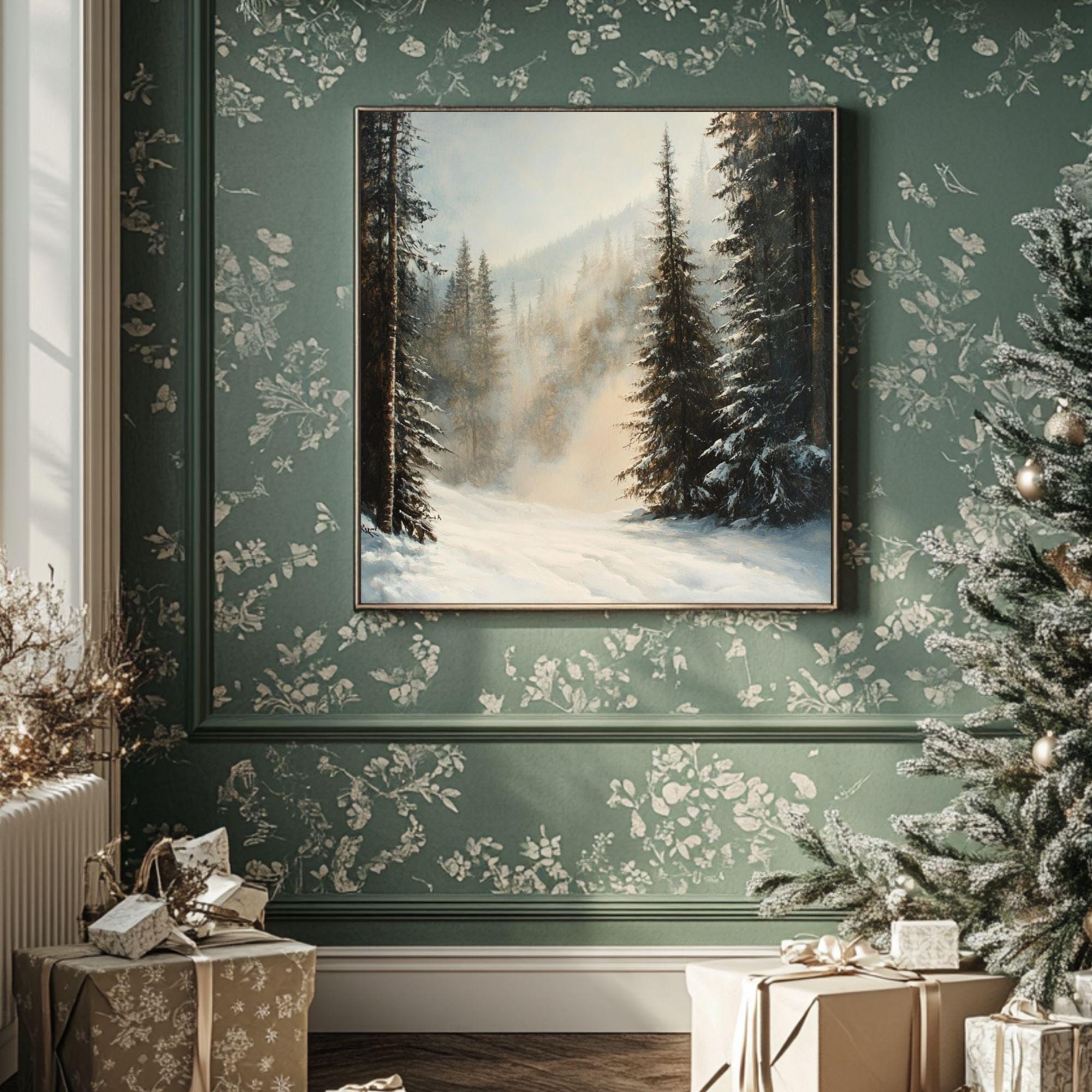 Evergreen Forest Winter Snow Scene Wall Art, Christmas Living Room Artwork, Snowy Pine Trees Print