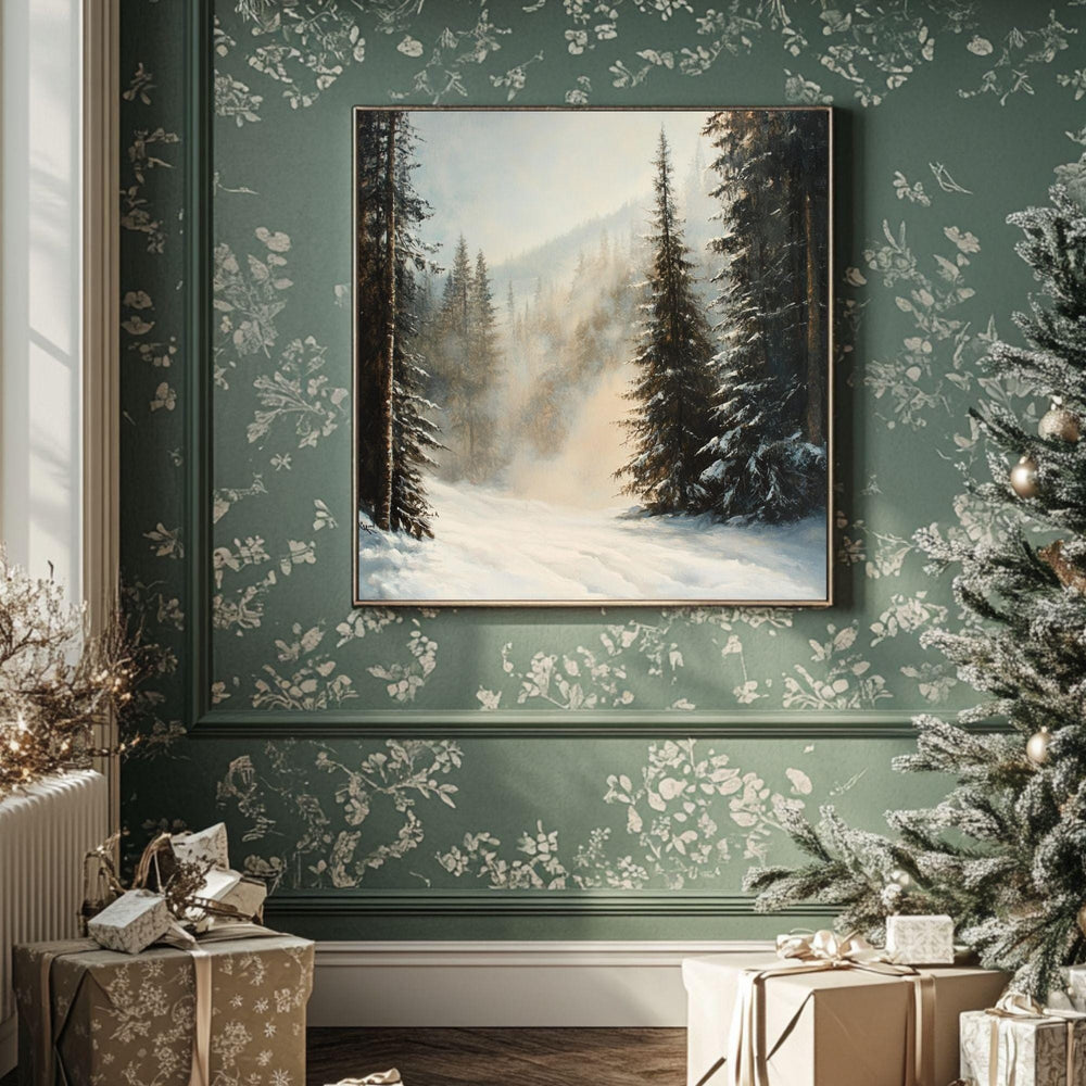 Evergreen Forest Winter Snow Scene Wall Art, Christmas Living Room Artwork, Snowy Pine Trees Print