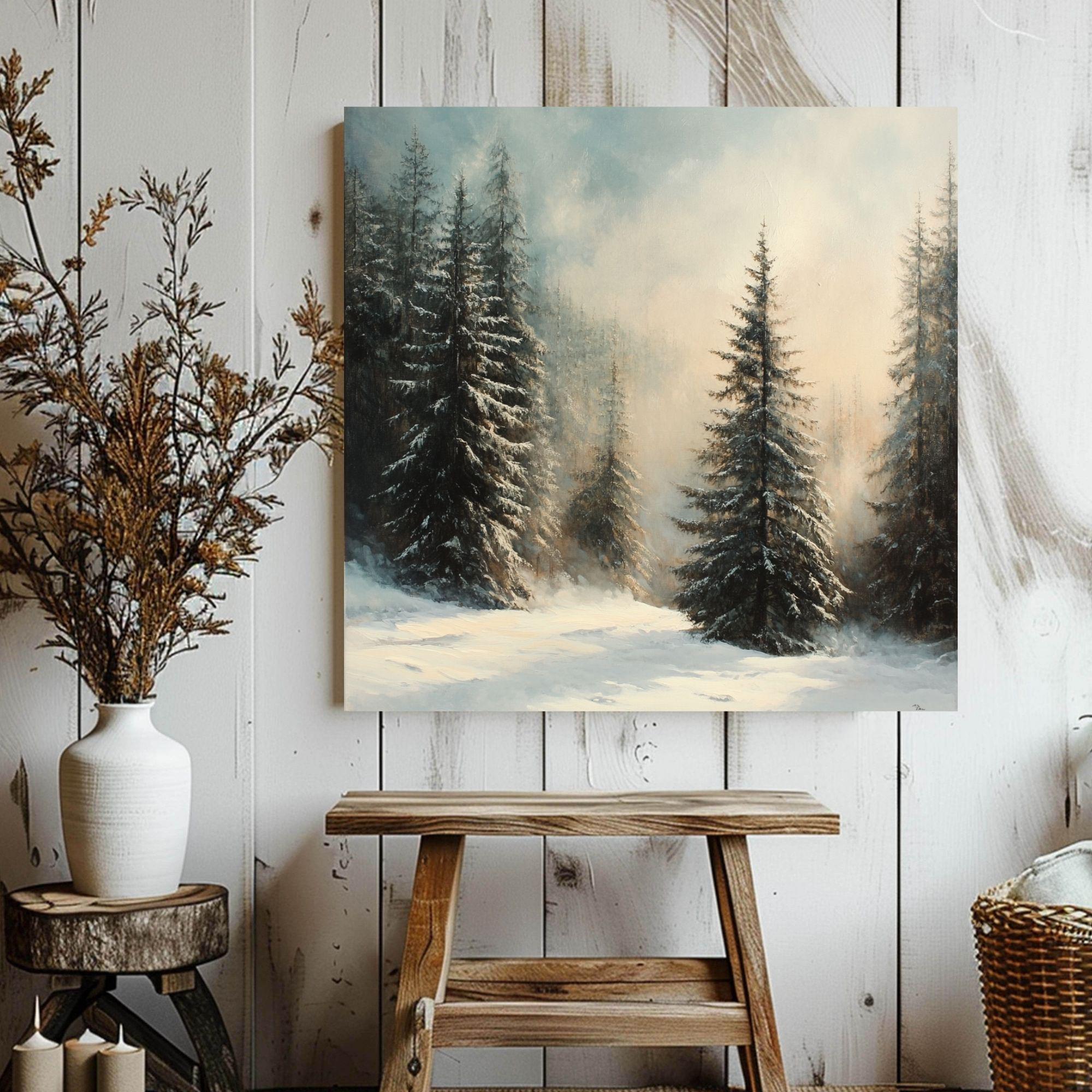Snowy Forest Canvas Wall Art, Rustic Winter Landscape Print, Woodland Pine Tree Artwork, Cozy Cabin Christmas Decor, Seasonal Wall Hanging