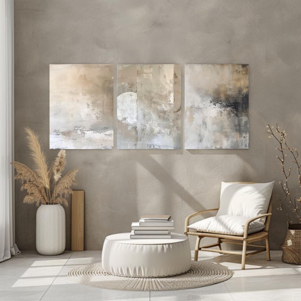 Modern Neutral Abstract Gallery Wall Art Set of 3 Neutral Nordic Canvas Simple Abstract Art Minimalist Brush Strokes Modern Abstract Art