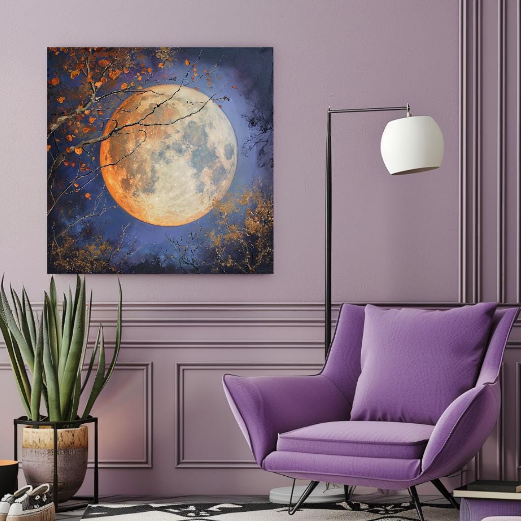 Golden Moon Enchanting Canvas Wall Art, Lunar Art Black Framed Wall Art Decor, Celestial Bewitching Art Ready to Hang Wall Magical Art Decor