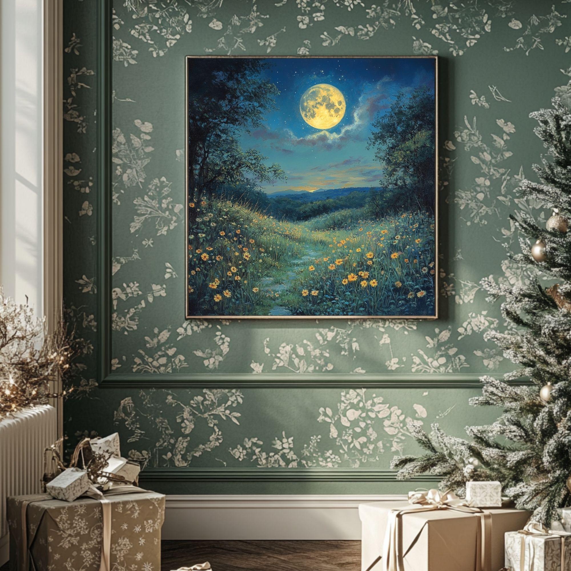 Moon Above Wildflowers Canvas Wall Art, Boho Wall Decor, Mystical Night Landscape Print, Nature-Inspired Home Decor