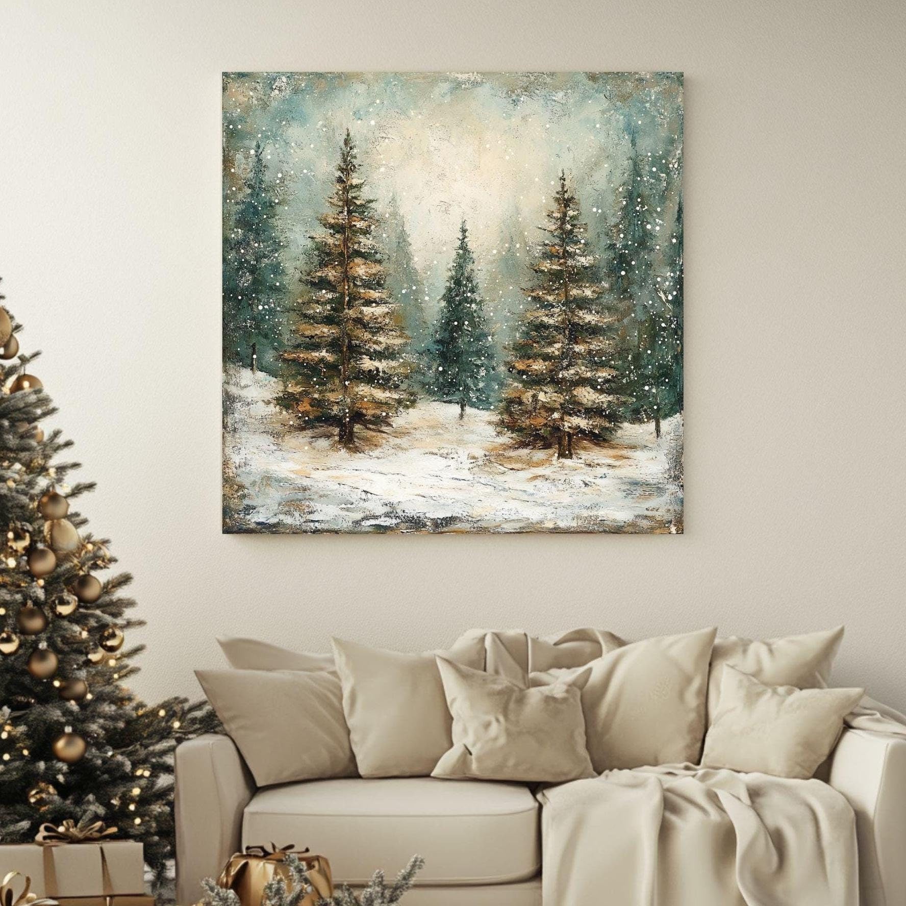 Winter Abstract Forest Wall Art, Rustic Vintage, Ready To Hang Black Framed Art, Aesthetic Trees Wall Canvas, Large Square Wall Art
