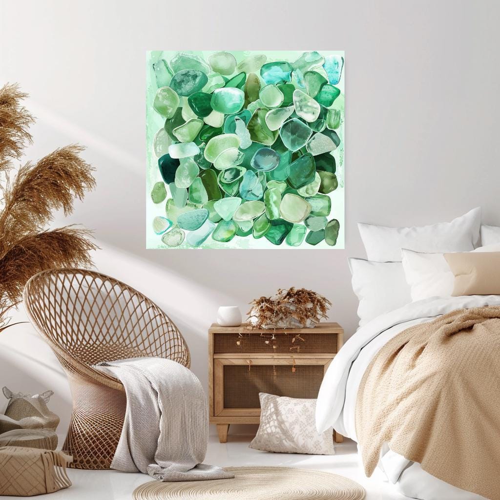 Seaglass Coastal Home Decor, Tropical Wall Art, Beach Decor, Green Wall Art, Ready To Hang Decor, Ocean Watercolor Canvas, Summer Stone Art