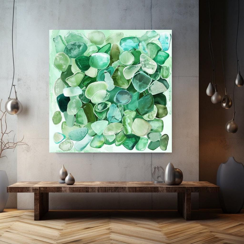Seaglass Coastal Home Decor, Tropical Wall Art, Beach Decor, Green Wall Art, Ready To Hang Decor, Ocean Watercolor Canvas, Summer Stone Art