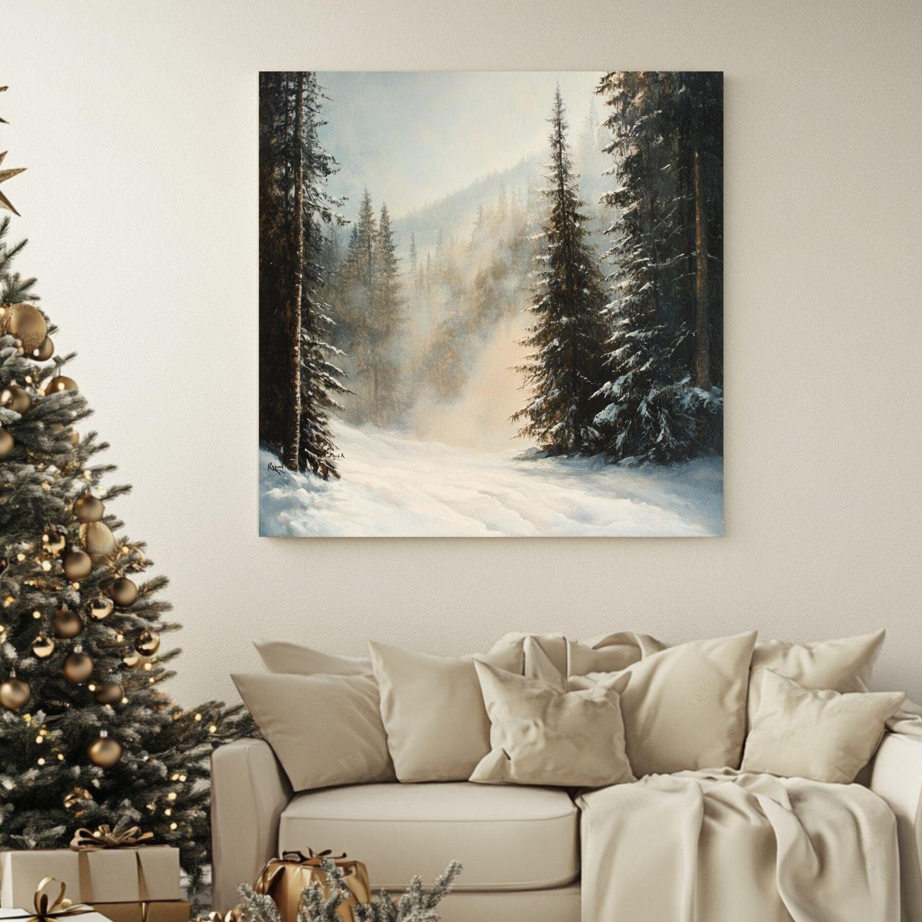 Evergreen Forest Winter Snow Scene Wall Art, Christmas Living Room Artwork, Snowy Pine Trees Print