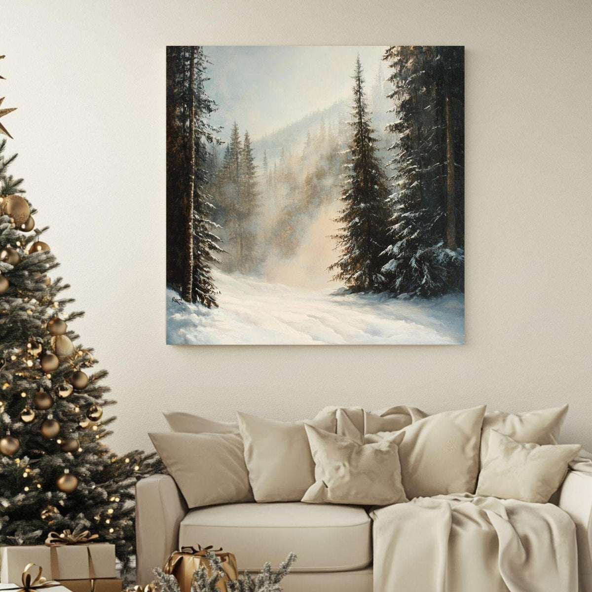 Evergreen Forest Winter Snow Scene Wall Art, Christmas Living Room Artwork, Snowy Pine Trees Print