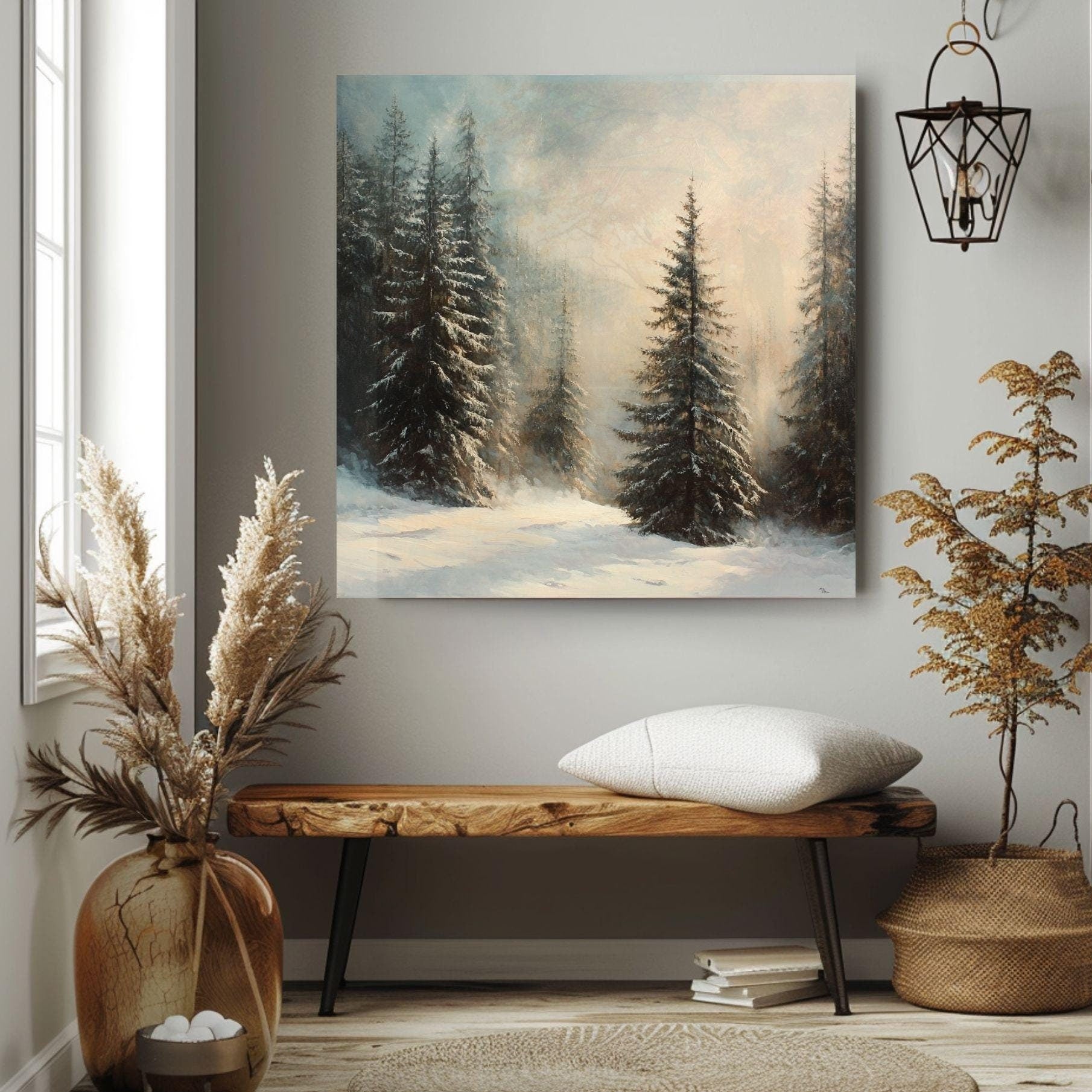 Snowy Forest Canvas Wall Art, Rustic Winter Landscape Print, Woodland Pine Tree Artwork, Cozy Cabin Christmas Decor, Seasonal Wall Hanging