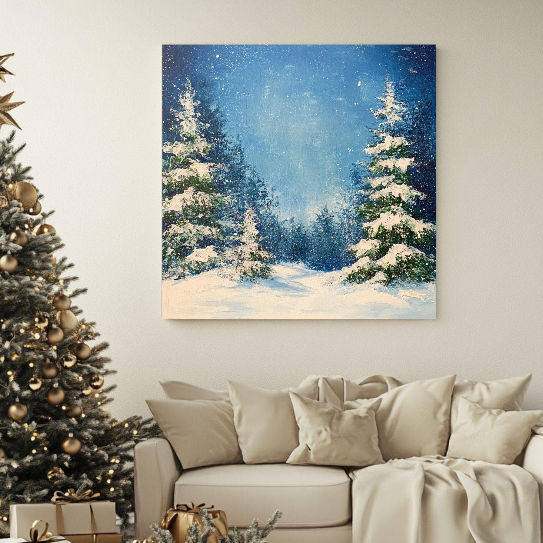 Watercolor Snowy Evergreens Canvas Wall Art, Black Framed Christmas Decor, Winter Square Canvas Hanging Art, Festive Pine Trees Painting
