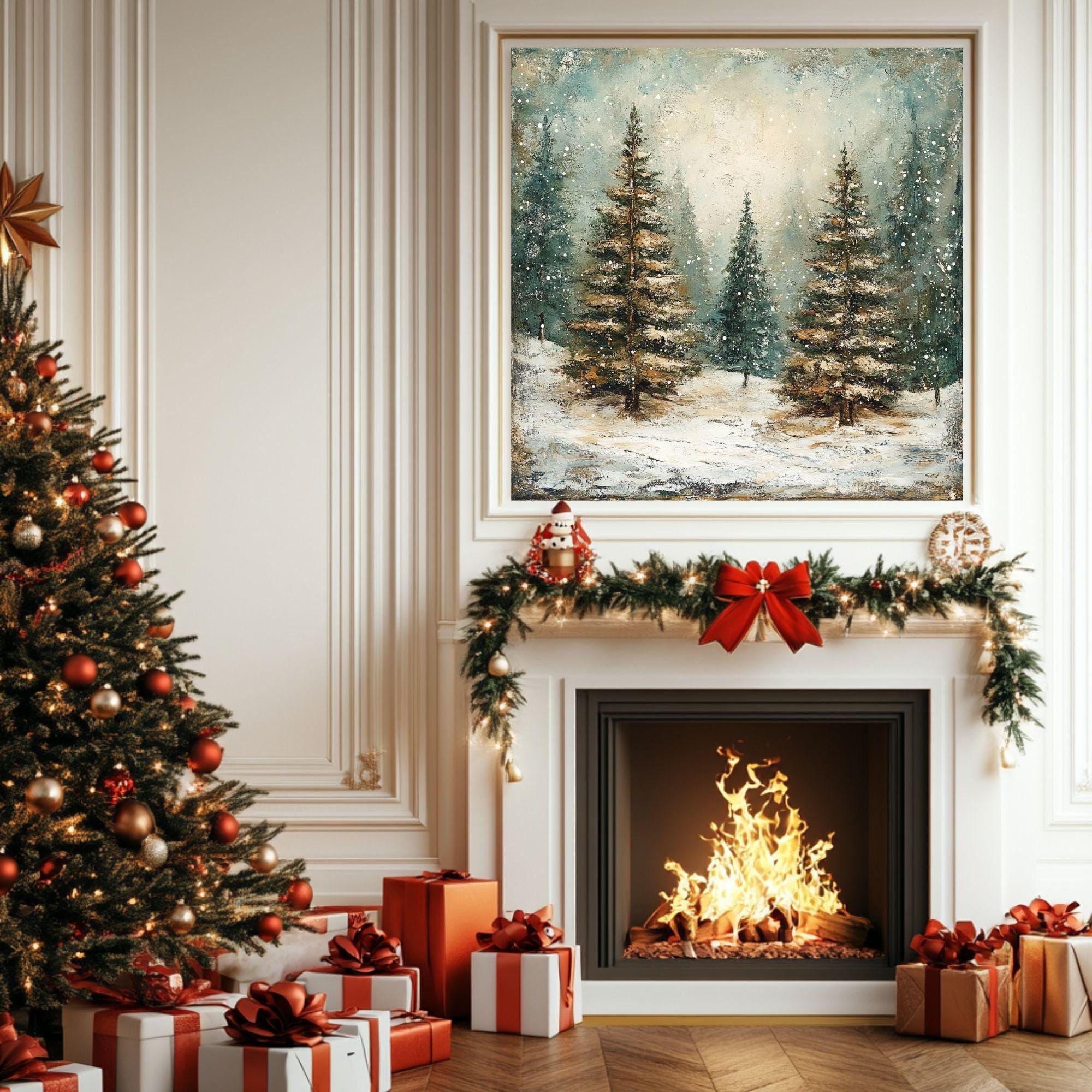 Winter Abstract Forest Wall Art, Rustic Vintage, Ready To Hang Black Framed Art, Aesthetic Trees Wall Canvas, Large Square Wall Art