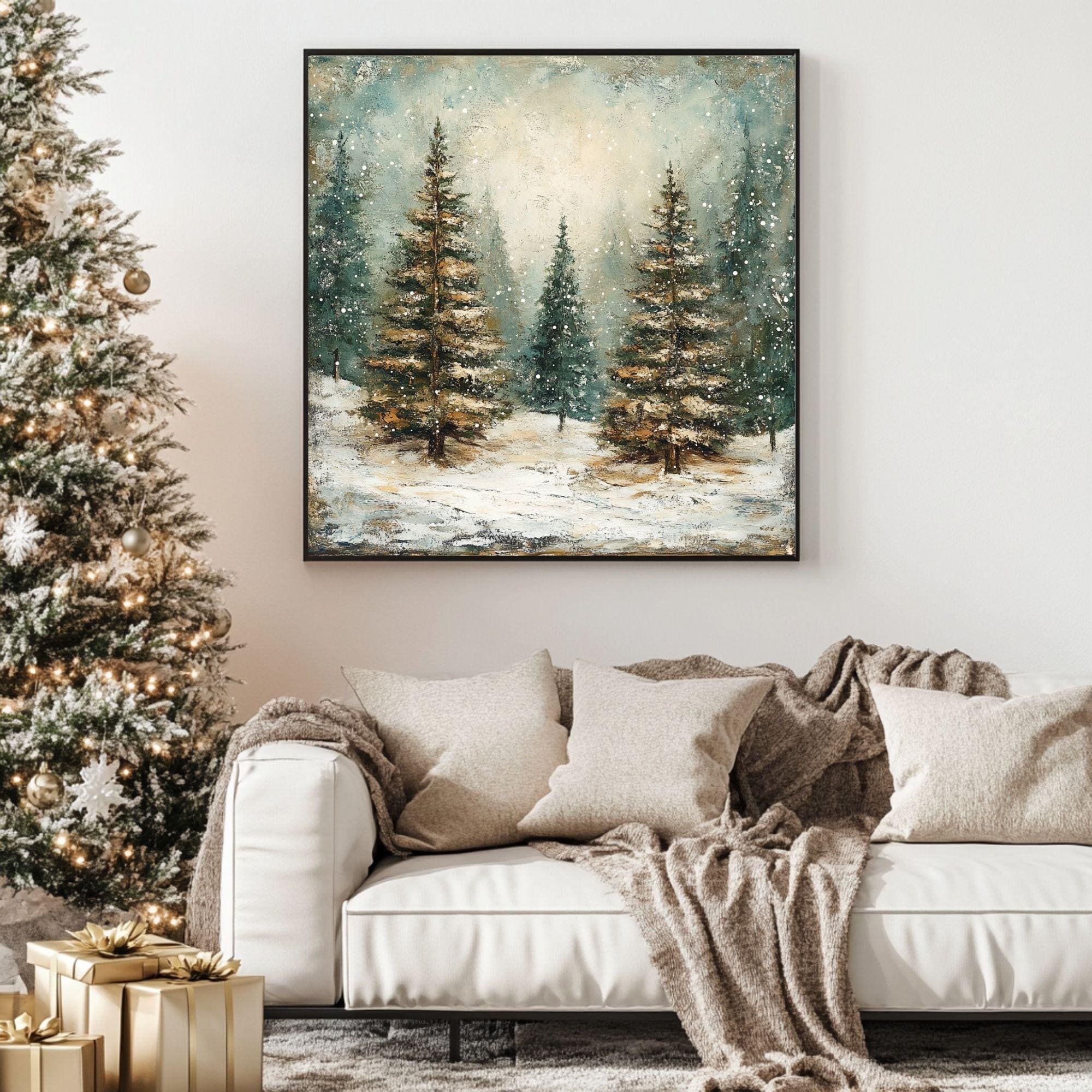 Winter Abstract Forest Wall Art, Rustic Vintage, Ready To Hang Black Framed Art, Aesthetic Trees Wall Canvas, Large Square Wall Art
