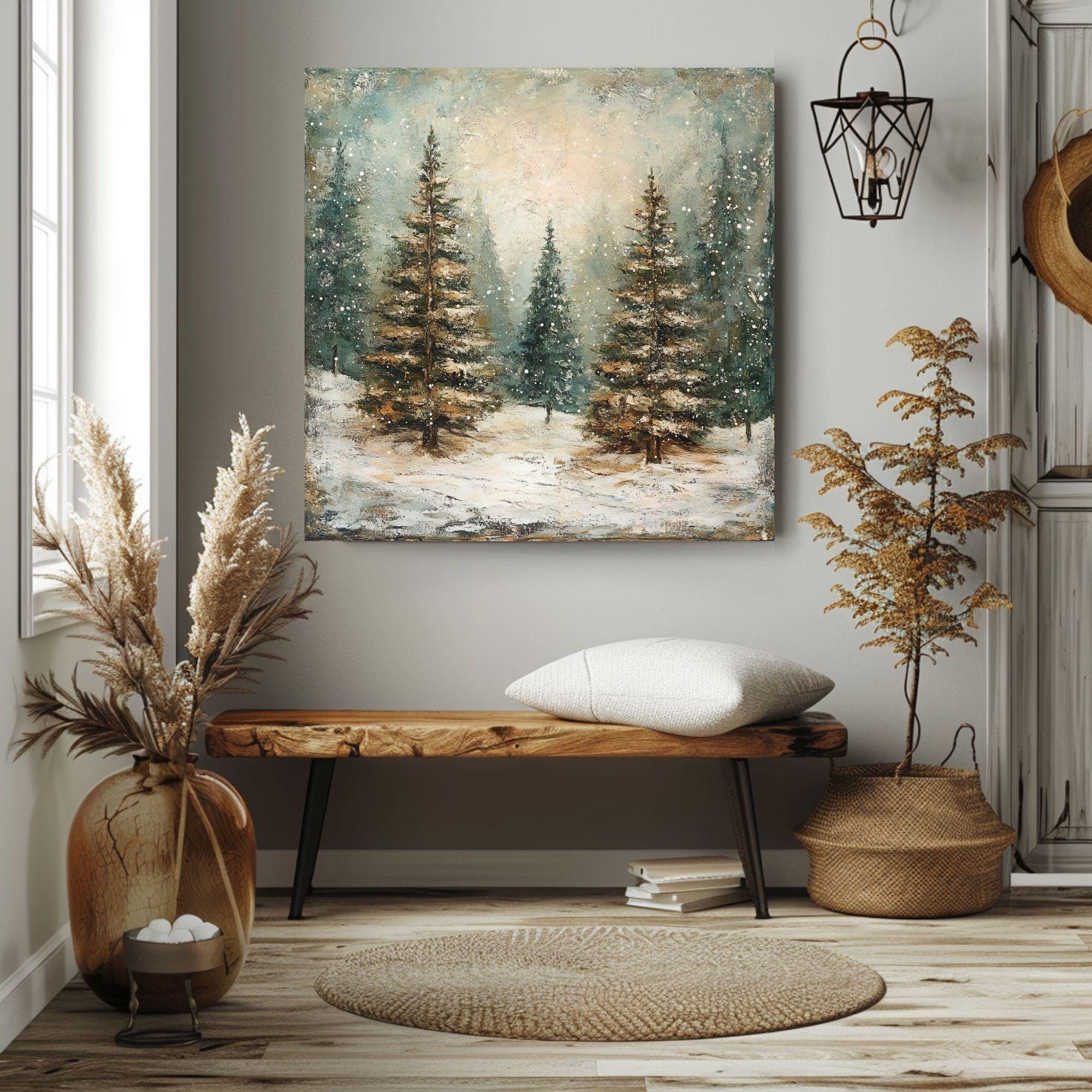Winter Abstract Forest Wall Art, Rustic Vintage, Ready To Hang Black Framed Art, Aesthetic Trees Wall Canvas, Large Square Wall Art