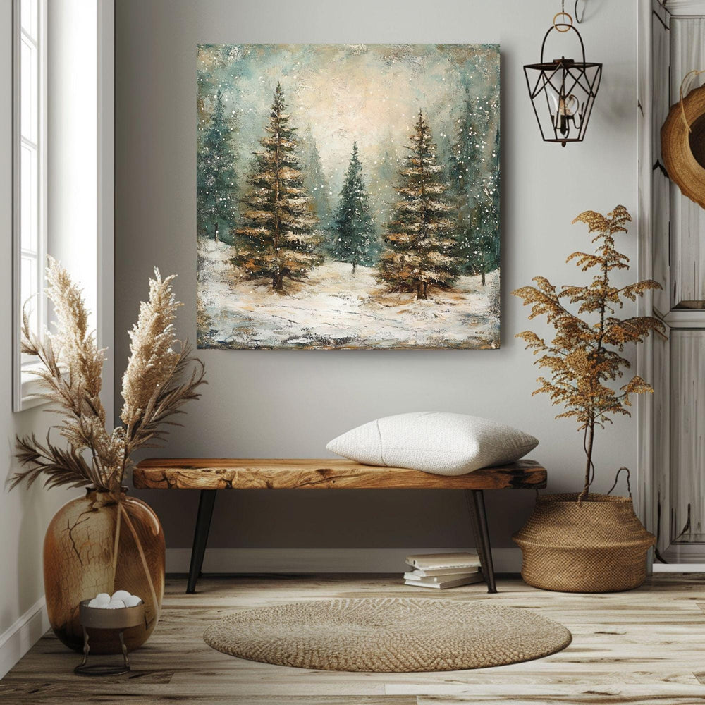 Winter Abstract Forest Wall Art, Rustic Vintage, Ready To Hang Black Framed Art, Aesthetic Trees Wall Canvas, Large Square Wall Art
