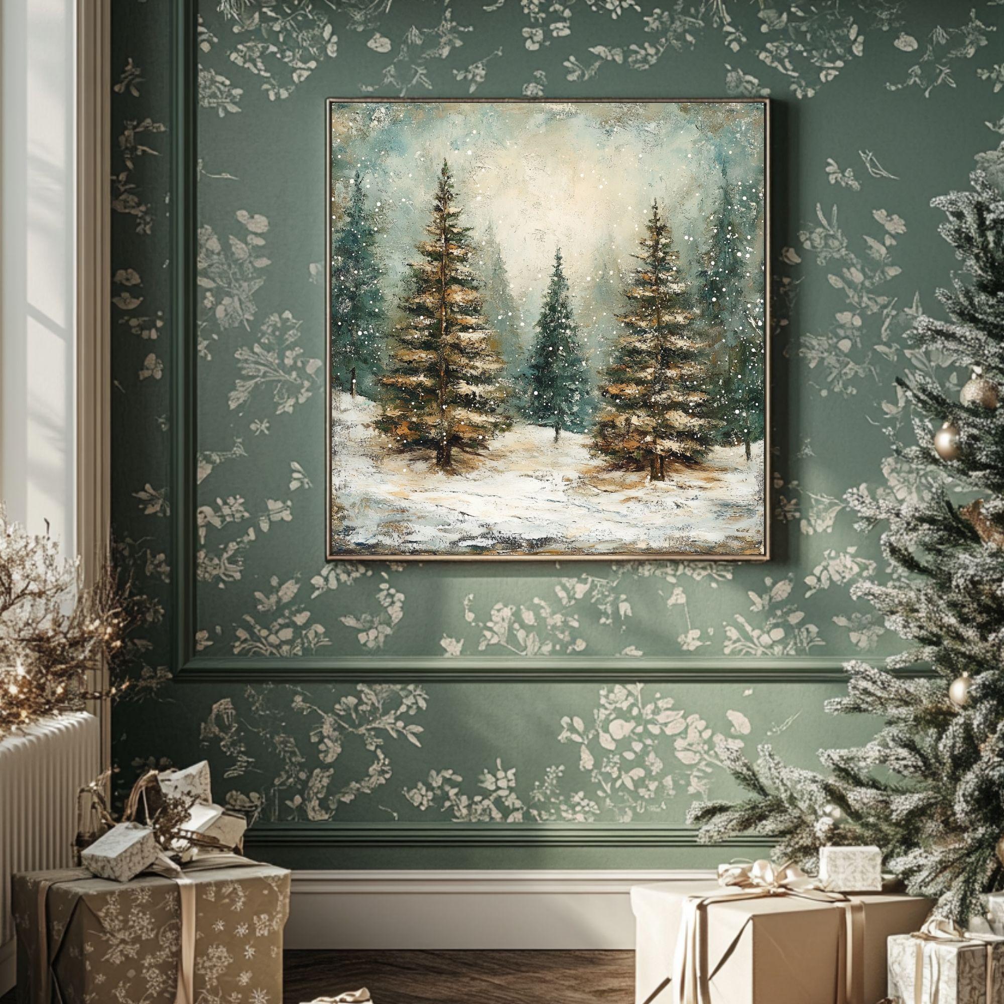 Winter Abstract Forest Wall Art, Rustic Vintage, Ready To Hang Black Framed Art, Aesthetic Trees Wall Canvas, Large Square Wall Art