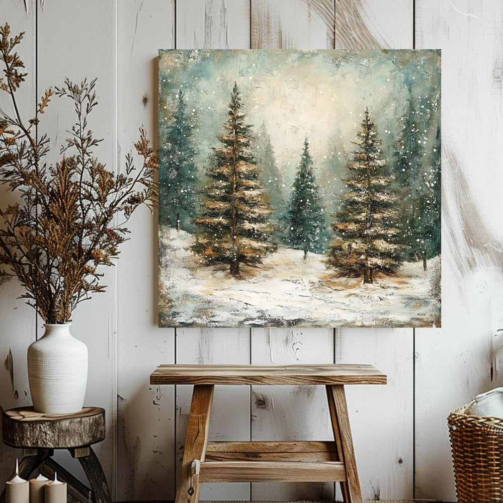 Winter Abstract Forest Wall Art, Rustic Vintage, Ready To Hang Black Framed Art, Aesthetic Trees Wall Canvas, Large Square Wall Art