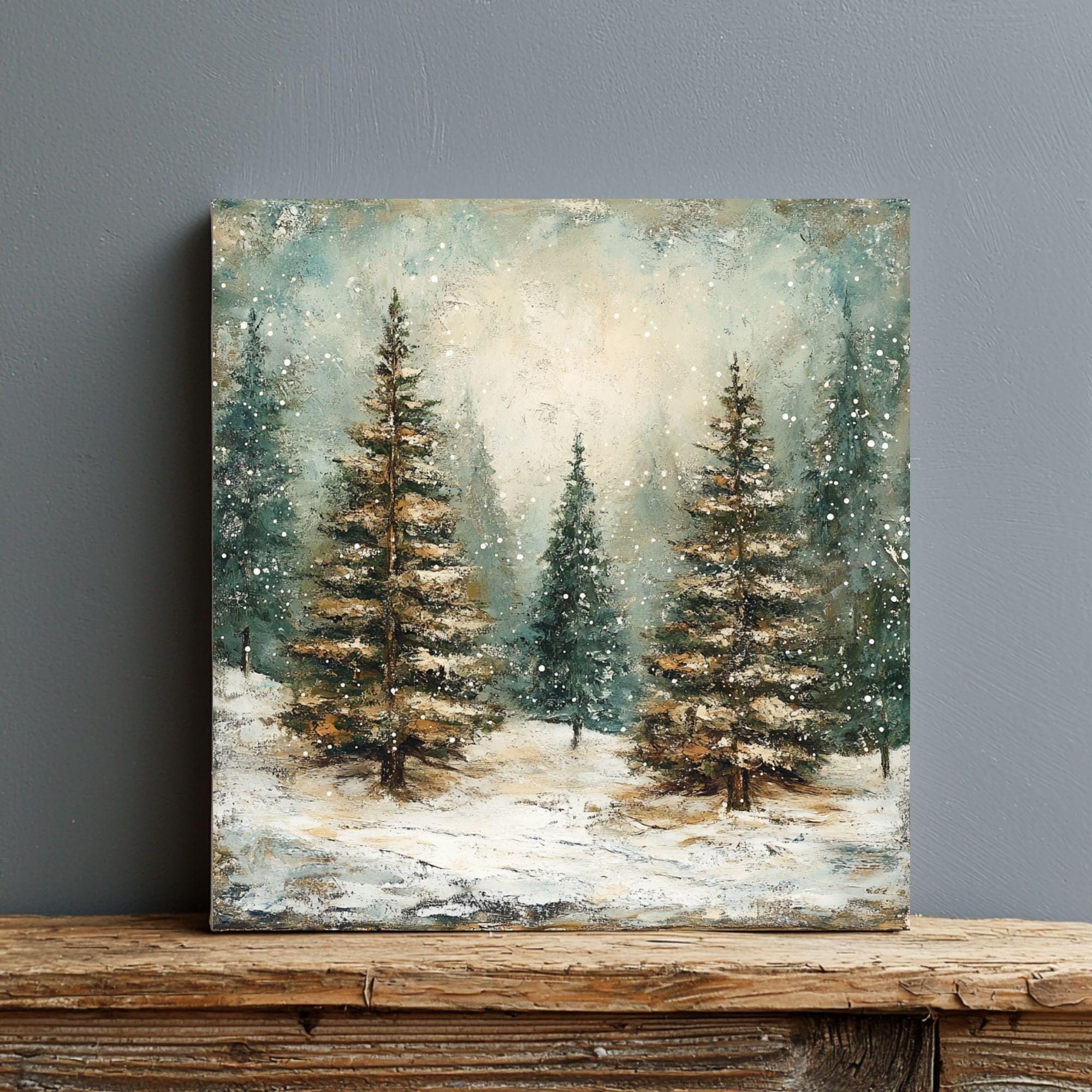 Winter Abstract Forest Wall Art, Rustic Vintage, Ready To Hang Black Framed Art, Aesthetic Trees Wall Canvas, Large Square Wall Art